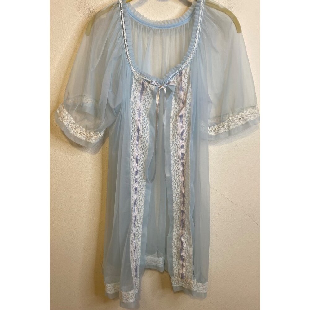 Vintage TOSCA Lingerie 4500 Sheer Chiffon Robe Blue Nylon Lace Peignoir LARGE